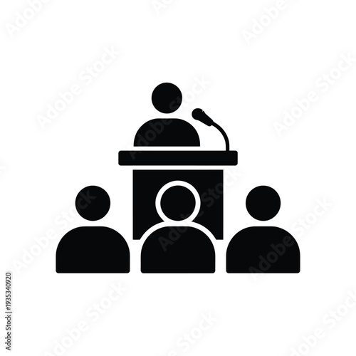Simple black silhouette of a speaker at a podium with an audience