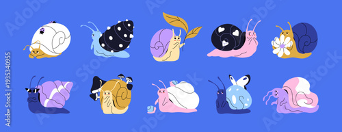 Set of kawaii snails with different emotions. Cute slugs with various shapes of shell houses. Happy and sad funny characters with leaves, flowers and mushrooms. Flat isolated vector illustrations