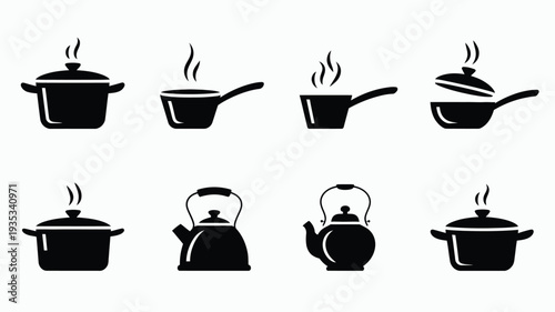 Kitchen Cookware Icons – Pots with Steam, Various Styles