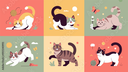Six cats in different poses and colors on pastel background squares playful feline illustrations