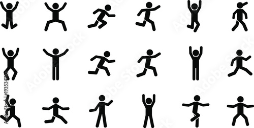 Human stick figure action poses set, running jumping walking silhouettes vector illustration isolated on white background collection