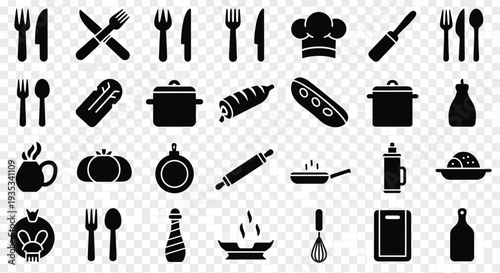 Collection of black silhouette icons representing cooking and dining elements