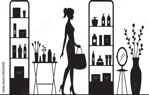 Woman shopping for cosmetics in beauty store silhouette