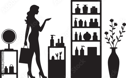 Woman shopping in cosmetics store silhouette vector illustration, female customer choosing beauty products in retail shop with shelves, mirror and display stands, fashion and lifestyle concept isolate