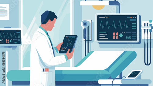 Doctor in white lab coat using tablet in modern hospital room with medical equipment and monitors displaying health data and graphs