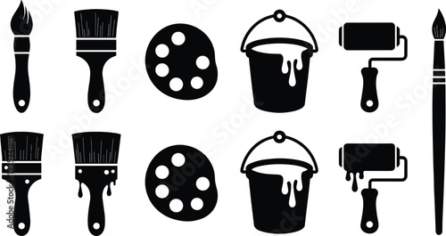 Painting tool icon set featuring paint brushes rollers buckets and palettes for art studio renovation hardware store and creative design