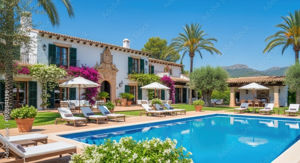 Fototapeta premium A luxurious villa sits beside a sparkling blue swimming pool, surrounded by lush greenery and palm trees.
