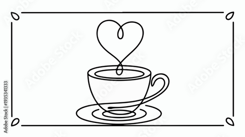 Continuous line drawing of a cup of tea or coffee with a heart shaped steam rising from it simple minimalist design black line art on white background elegant and modern aesthetic