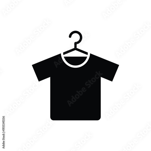 Simple black and white icon depicting a t shirt on a clothes hanger