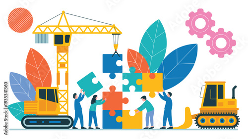 construction teamwork concept with workers assembling puzzle pieces using crane and bulldozer collaboration engineering project flat vector illustration