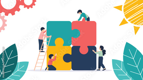 teamwork collaboration concept with people assembling colorful puzzle pieces business cooperation strategy and problem solving flat vector illustration