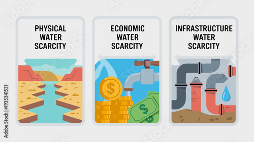 Water scarcity infographic with physical economic and infrastructure themes