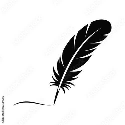 A stylized black feather with a pointed quill isolated on white