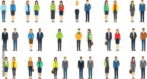 Collection of business people in professional attire, corporate men and women icons, diverse office colleagues standing together, flat vector characters