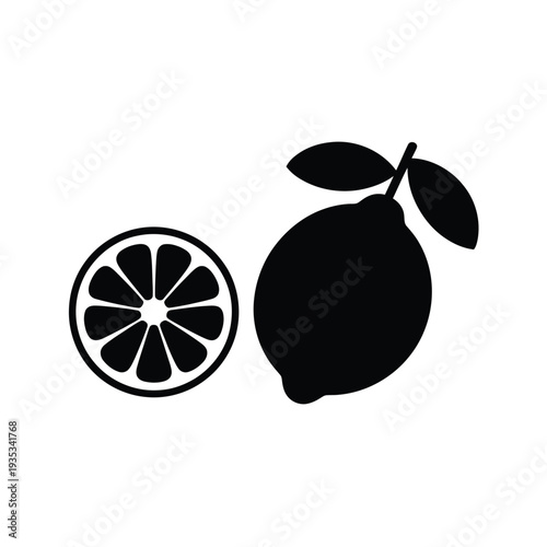 Black and white illustration of a whole lime and a lime slice