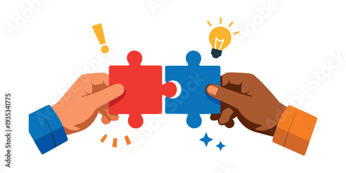 Diverse hands joining red and blue puzzle pieces, symbolizing partnership, synergy, and generating new concepts with an exclamation sign and lightbulb