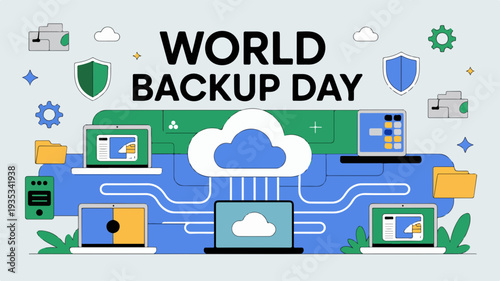 World backup day flat design vector illustration with cloud storage and digital devices in blue and green hues