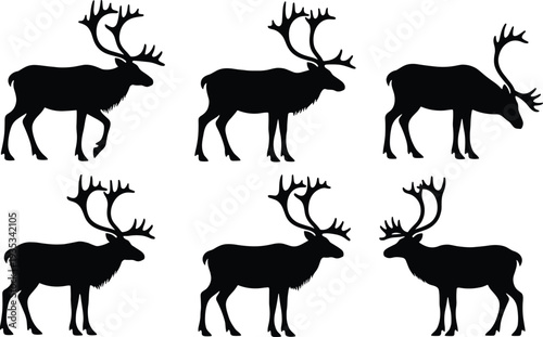Reindeer silhouette collection, caribou with large antlers standing poses, black vector icons set, christmas deer wildlife animal illustrations