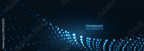 Blue particle wave forming data matrix, abstract background presenting dynamic dot field with curved flow and perspective, evoking network connectivity and real time analytics visualization.