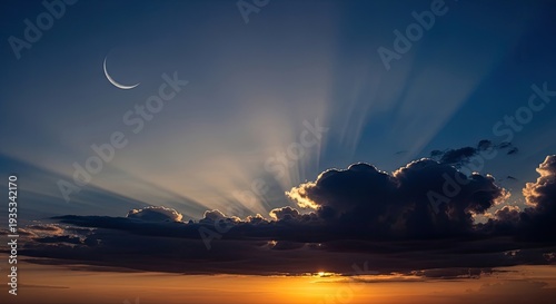 A dramatic night sky showcases a crescent moon and radiant sunbeams piercing through dark, billowing clouds.