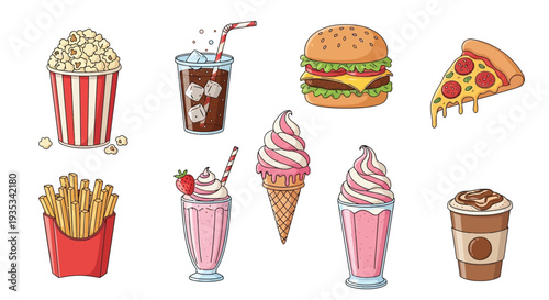 Colorful illustration of various fast foods and sweet treats displayed together