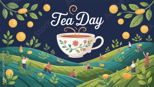 Vibrant tea day celebration banner with floral teacup and people enjoying tea in rolling hills