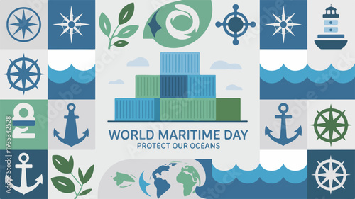 World maritime day illustration with ocean protection theme featuring shipping containers anchors and navigation symbols in a clean flat vector design with blue and green hues