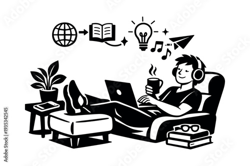 Student enjoying remote education, sitting comfortably at home, learning digitally, and developing new concepts