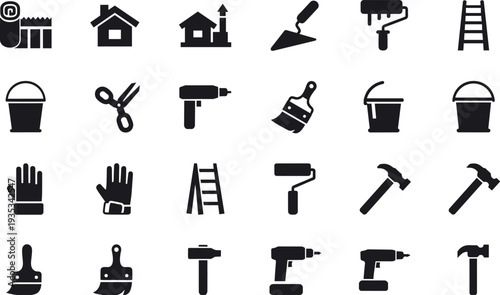 Construction Tool Icon Set, DIY Home Improvement Vector Graphics, Hammer, Drill, Paint Brush, Ladder,