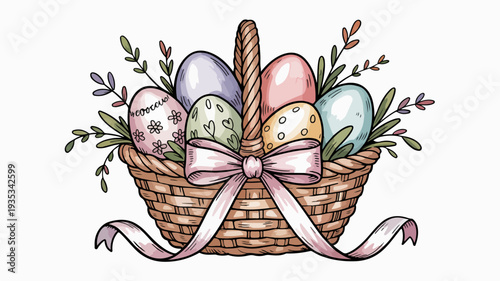 Hand drawn wicker basket with easter eggs flowers and ribbon isolated on white background perfect for spring decoration