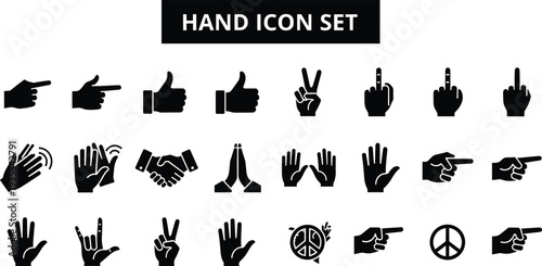 Hand Icon Set, Gestures Vector Graphics, Thumbs Up, Peace Sign, Pointing Finger, Handshake,