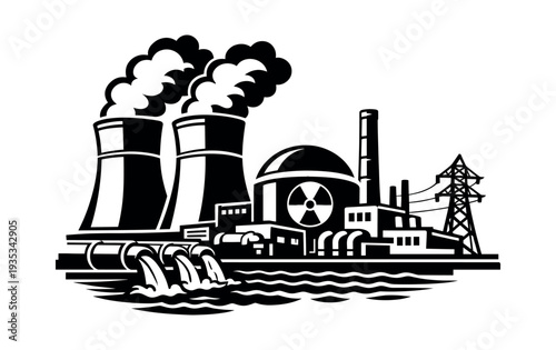 Atomic energy power station producing smoke from cooling towers, with waste water discharging into a river. Radiation symbol visible