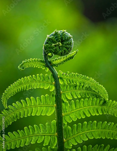 Close-up of a fern's unfurling frond, showcasing intricate details
