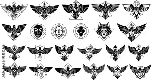 Geometric Eagle and Falcon Vector Icons Set, Tribal Raven Totems, Minimalist Bird Wings, Mythical Phoenix Symbols, Sacred Geometry Animal Graphics