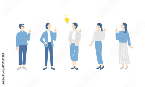 問題が解決した女性ビジネスチームの全身イラストセット