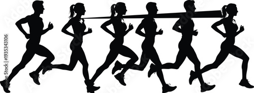 Set of black silhouettes featuring male and female athletes running and jogging in a row isolated on white background vector