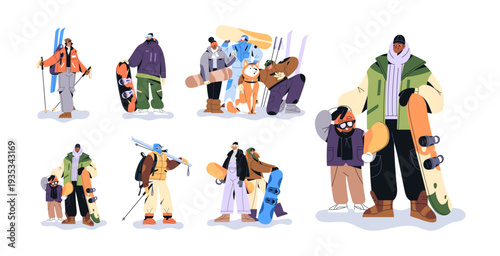 Set of people with ski equipment. Groups of skiers in clothes for winter sports. Men, women and kids are in snow resort with snowboards. Flat isolated vector illustrations on white background