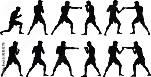 Set of black silhouettes featuring male boxers in various fighting stances punching and training poses isolated on white background vector