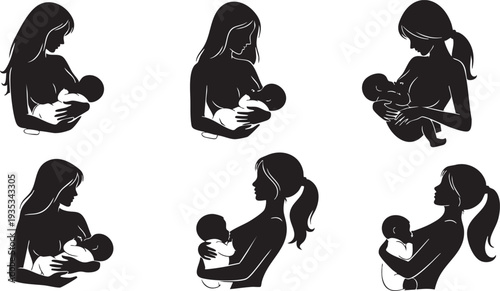 Six black silhouette of women breastfeeding babies silhouettes