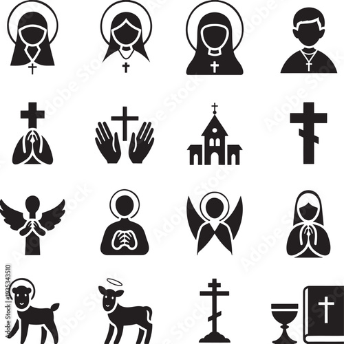 A comprehensive set of Christian religious figures and symbols including saints, angels, and churches