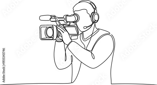 Cameraman Filming with Professional Video Camera Line Art Illustration for Media Production Broadcasting Journalism and Content Creator Vector Design