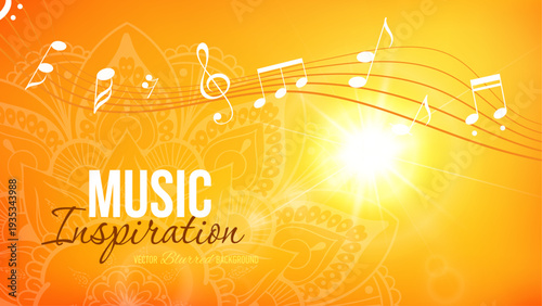Abstract summer music banner with bright beam light, beautiful mandala, treble clef, musical notes and curved staff ribbon. Soft light, harmony and creativity concept.