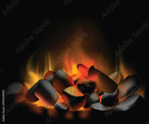 Fire from burning coals on black background