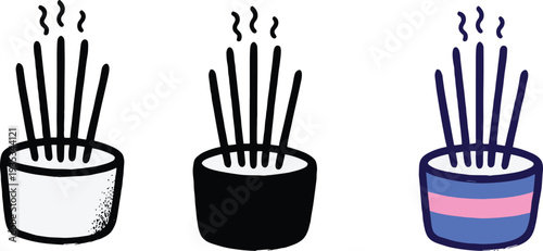 Set of three incense burner icons featuring burning sticks with smoke in doodle silhouette and colorful styles for wellness relaxation