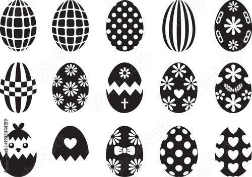 Diverse collection of black and white Easter eggs and a chick with various playful patterns
