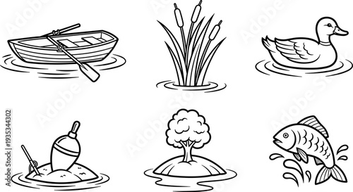 Black and white illustrations of lake activities and wildlife