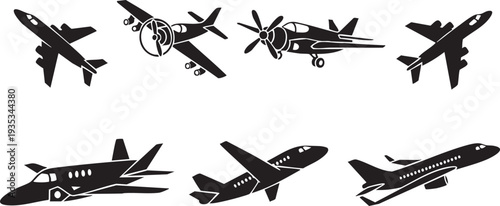 Six distinct airplane in black on white background aircraft silhouettes