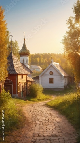 wooden houses, landscape, forest, river, church