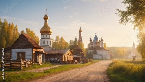 wooden houses, landscape, forest, river, church