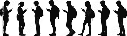 WebSilhouette of people using smartphones, standing poses, backpacks, students, commuters, technology dependence, social behavior, vector illustration, black silhouette, isolated